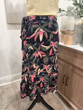 Dark Navy Floral Wrap Midi Skirt with Pink and Green Leaf Print
